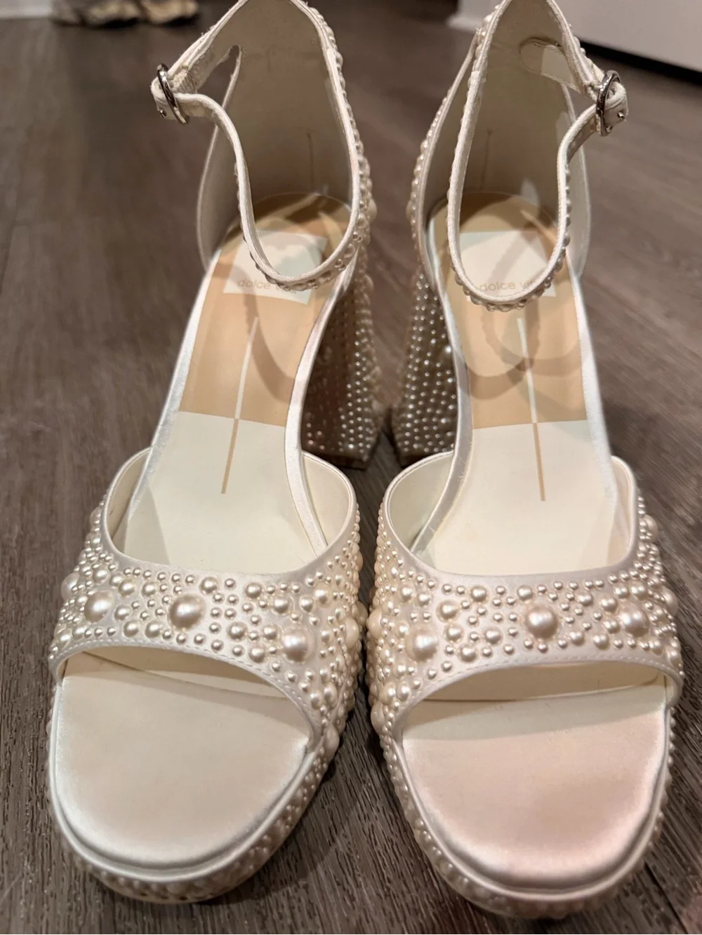 Dolce Vita Ivory Pearl-Studded Platform Ankle-Strap Heels WORN ONCE